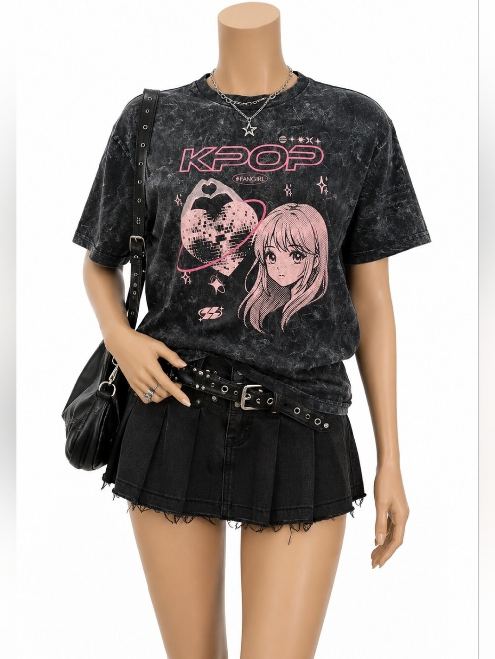 Bioworld KPOP Fangirl Pink Anime Graphic Tee Acid Wash Medium NWT